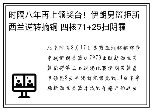 时隔八年再上领奖台！伊朗男篮拒新西兰逆转摘铜 四核71+25扫阴霾